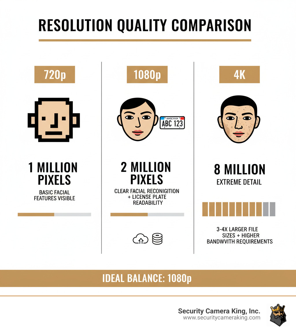 Infographic comparing resolution quality: 720p shows 1 million pixels with basic facial features visible, 1080p displays 2 million pixels with clear facial recognition and license plate readability, and 4K presents 8 million pixels with extreme detail but 3-4x larger file sizes and higher bandwidth requirements - 1080p full hd camera infographic 