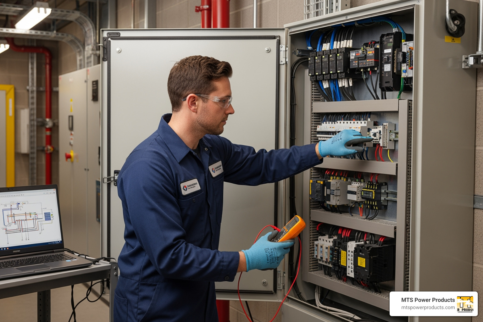 A technician inspecting an Automatic Transfer Switch (ATS) panel - commercial generator A technician inspecting an Automatic Transfer Switch (ATS) panel - commercial generator