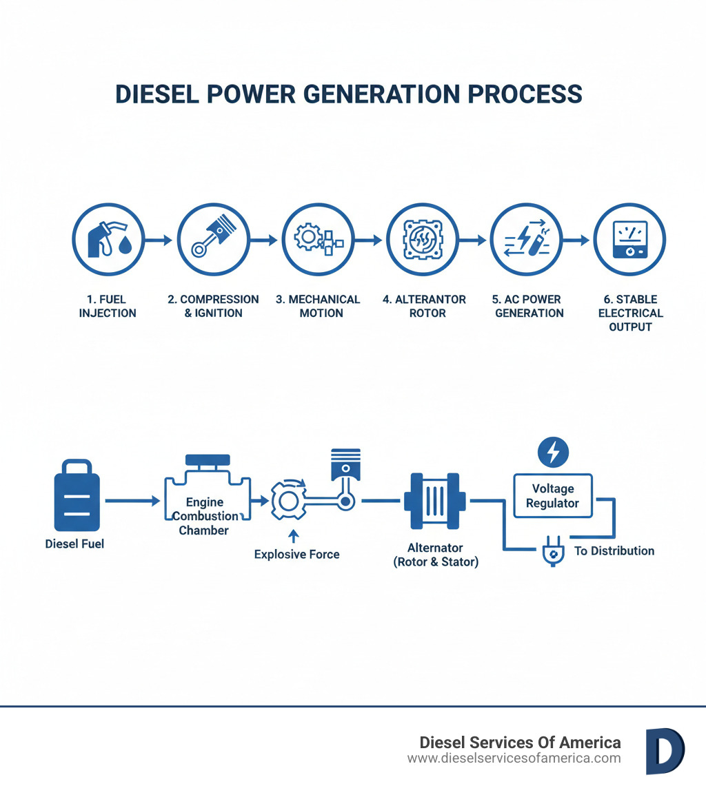Infographic showing the diesel power generation process: diesel fuel enters the engine combustion chamber, compression ignites the fuel creating explosive force, pistons convert this to rotational motion through the crankshaft, the crankshaft drives the alternator rotor through a magnetic field in the stator, electromagnetic induction generates AC current, and the voltage regulator ensures stable electrical output for distribution - Diesel engine power generation infographic 