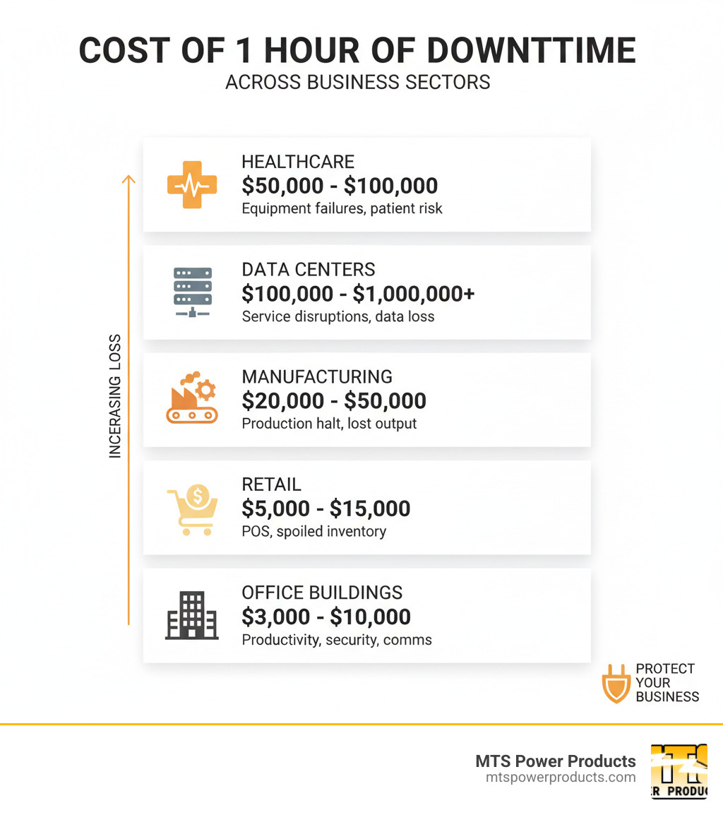Infographic showing the cost of one hour of downtime across different business sectors: Healthcare facilities face life-threatening equipment failures and average losses of $50,000-$100,000 per hour; Data centers experience service disruptions costing $100,000-$1,000,000 per hour depending on size; Manufacturing plants halt production lines with losses of $20,000-$50,000 per hour; Retail stores lose point-of-sale capability and spoiled refrigerated inventory averaging $5,000-$15,000 per hour; Office buildings face productivity loss, security system failures, and communication disruptions averaging $3,000-$10,000 per hour - commercial generator infographic Infographic showing the cost of one hour of downtime across different business sectors: Healthcare facilities face life-threatening equipment failures and average losses of $50,000-$100,000 per hour; Data centers experience service disruptions costing $100,000-$1,000,000 per hour depending on size; Manufacturing plants halt production lines with losses of $20,000-$50,000 per hour; Retail stores lose point-of-sale capability and spoiled refrigerated inventory averaging $5,000-$15,000 per hour; Office buildings face productivity loss, security system failures, and communication disruptions averaging $3,000-$10,000 per hour - commercial generator infographic