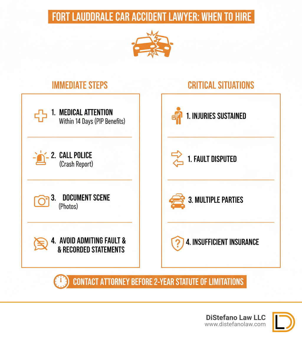 Infographic showing when to hire a Fort Lauderdale car accident lawyer: immediate steps include seeking medical attention within 14 days for PIP benefits, calling police for a crash report, documenting the scene with photos, avoiding admission of fault, not giving recorded statements to insurers without legal counsel, and contacting an attorney before the two-year statute of limitations expires—especially critical if injuries occurred, fault is disputed, multiple parties are involved, or the at-fault driver lacks adequate insurance coverage - when to hire a fort lauderdale car accident lawyer infographic Infographic showing when to hire a Fort Lauderdale car accident lawyer: immediate steps include seeking medical attention within 14 days for PIP benefits, calling police for a crash report, documenting the scene with photos, avoiding admission of fault, not giving recorded statements to insurers without legal counsel, and contacting an attorney before the two-year statute of limitations expires—especially critical if injuries occurred, fault is disputed, multiple parties are involved, or the at-fault driver lacks adequate insurance coverage - when to hire a fort lauderdale car accident lawyer infographic