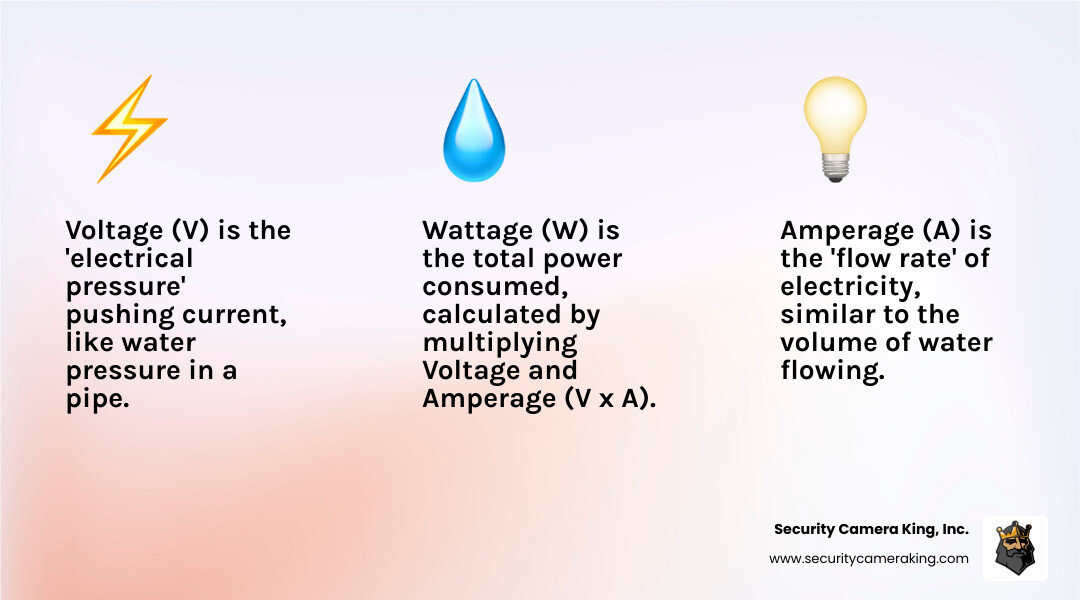Infographic showing the relationship between Volts (pressure), Amps (flow rate), and Watts (total power), with examples: 12V x 1A = 12W (single camera), 12V x 5A = 60W (3-4 cameras), 12V x 10A = 120W (full multi-camera system with accessories) - 12V 10A power supply infographic 3_facts_emoji_light-gradient