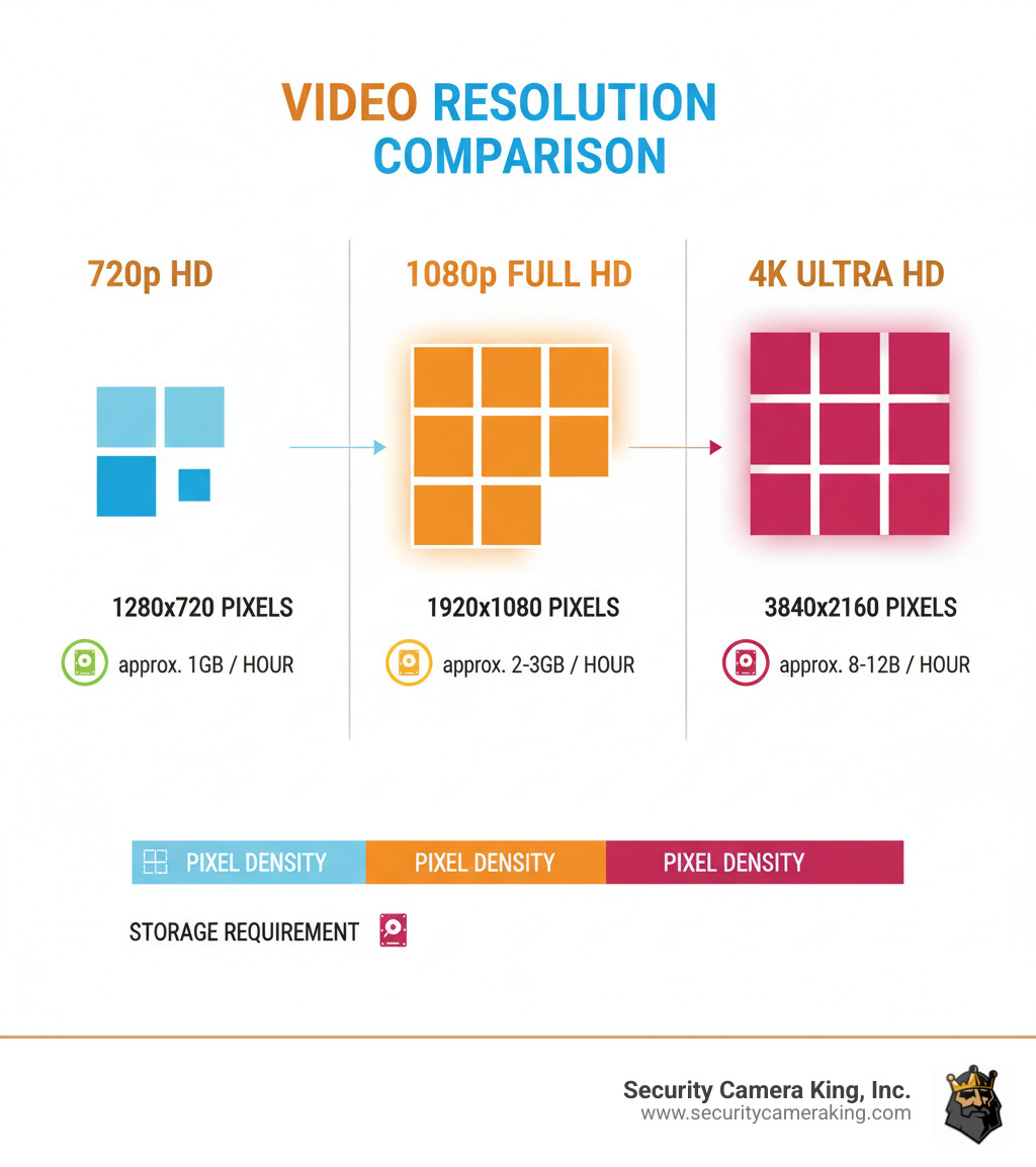 Infographic comparing video resolution specifications: 720p HD shows 1280x720 pixels with file size approximately 1GB per hour; 1080p Full HD displays 1920x1080 pixels with file size approximately 2-3GB per hour; 4K Ultra HD presents 3840x2160 pixels with file size approximately 8-12GB per hour. Chart includes visual representation of relative pixel density and storage requirements for each resolution. - action camera full hd 1080p infographic 