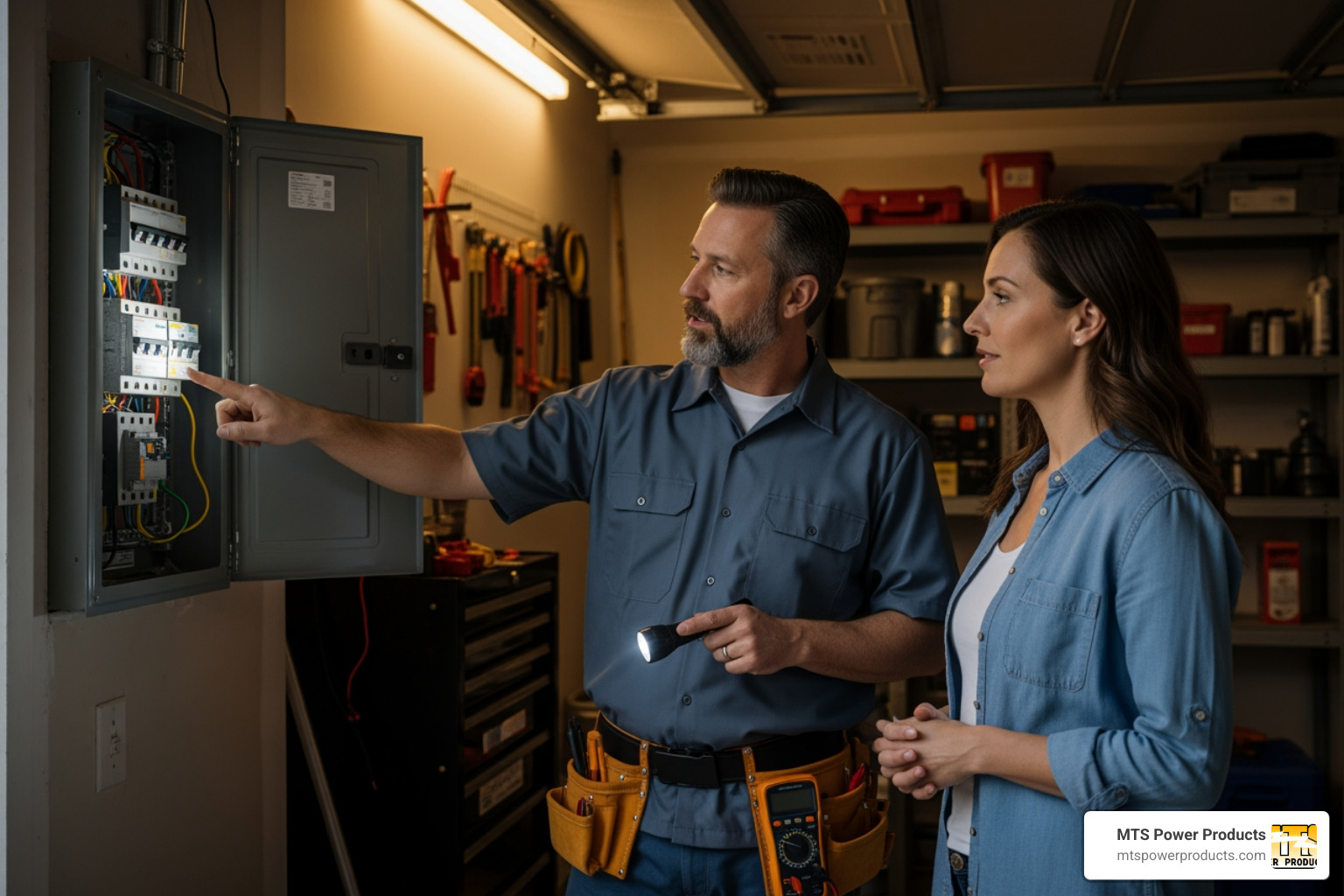 homeowner looking at their electrical panel with a professional installer - natural gas generator for home
