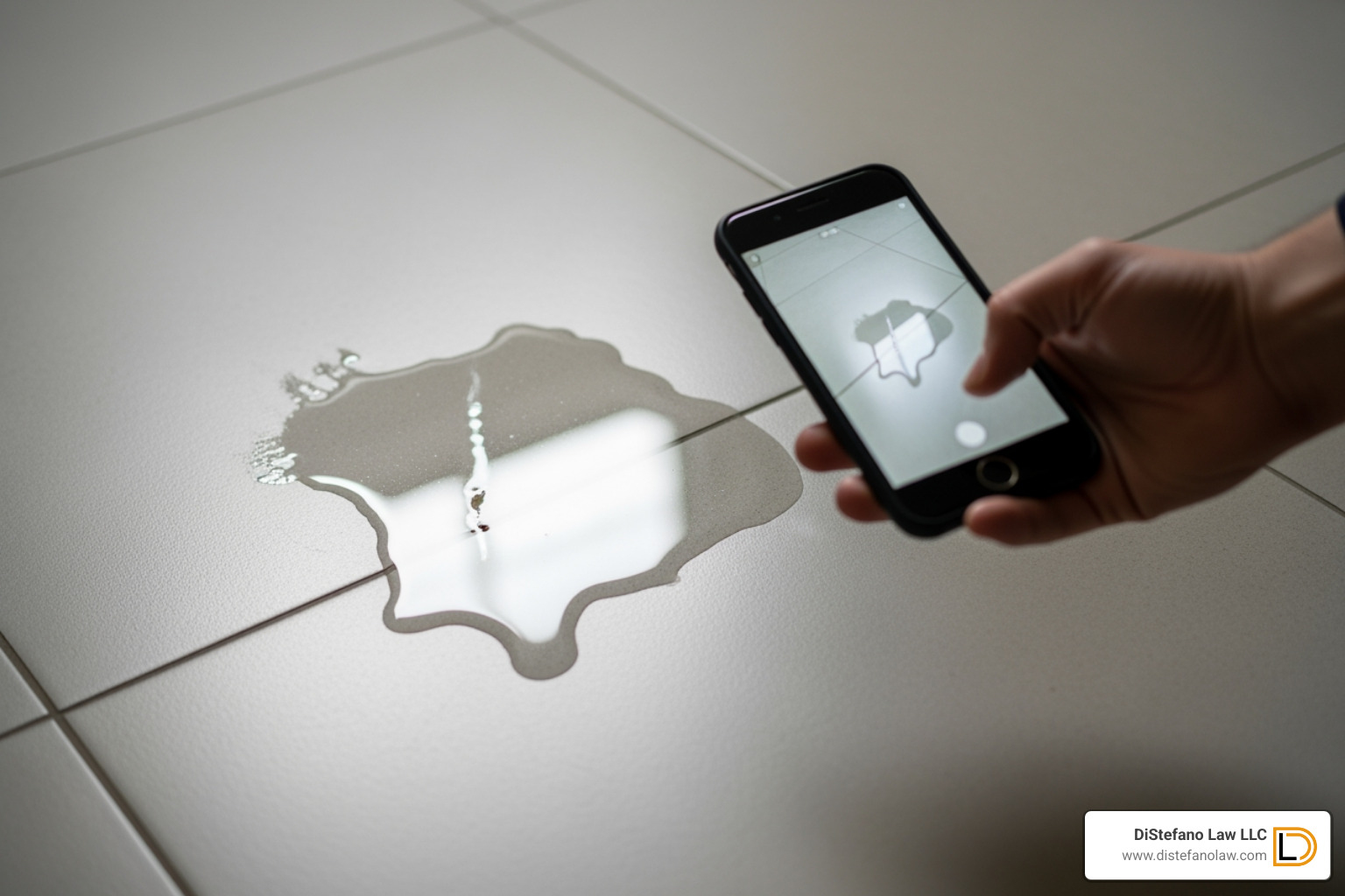 a person using their smartphone to photograph a spill on the floor, capturing evidence of a slip and fall hazard - slip & fall lawyer