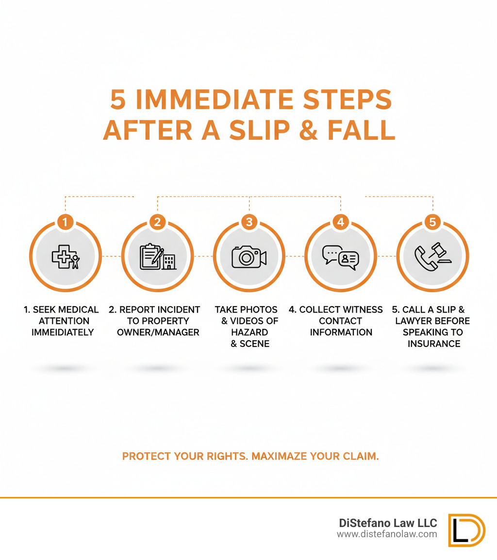 infographic showing 5 immediate steps after a slip and fall: 1. Seek medical attention immediately, 2. Report the incident to the property owner/manager, 3. Take photos and videos of the hazard and scene, 4. Collect witness contact information, 5. Call a slip and fall lawyer before speaking to insurance adjusters - slip & fall lawyer infographic 