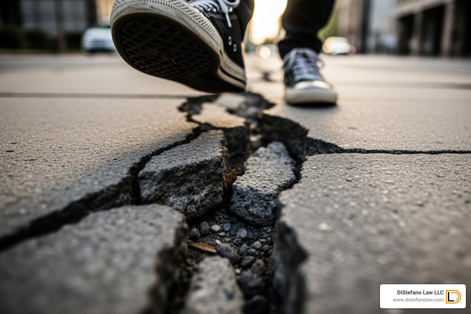 a cracked sidewalk with a person's feet walking over it, representing a hazard - slip & fall lawyer