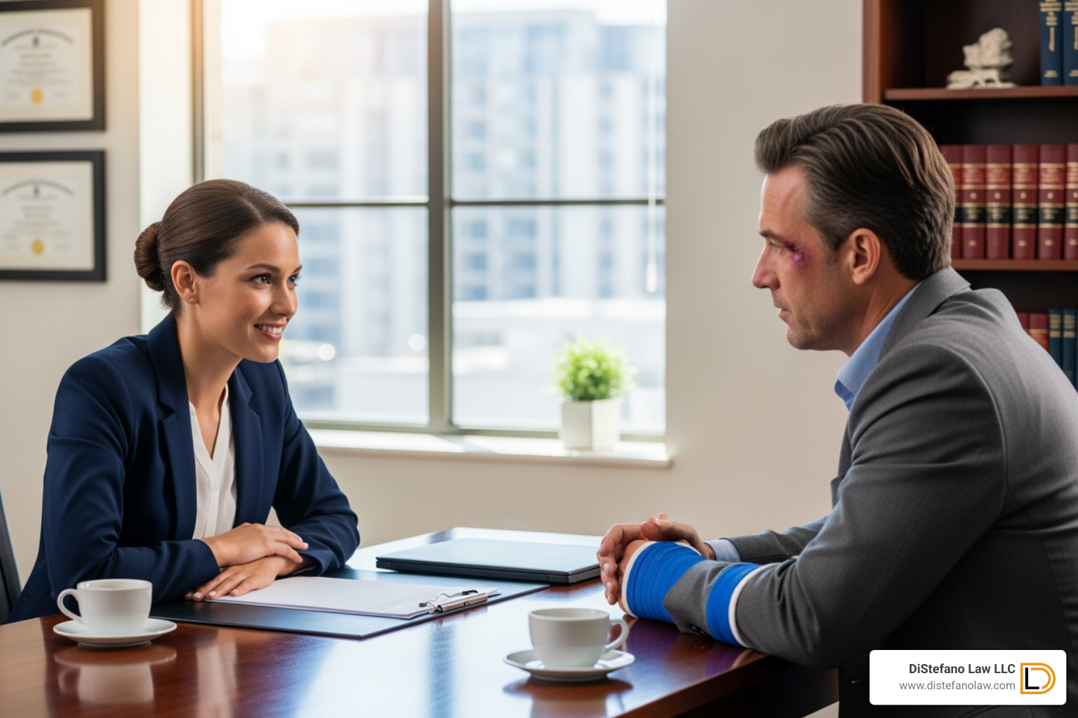 a compassionate lawyer consulting with an injured client, showing support and understanding - slip & fall lawyer