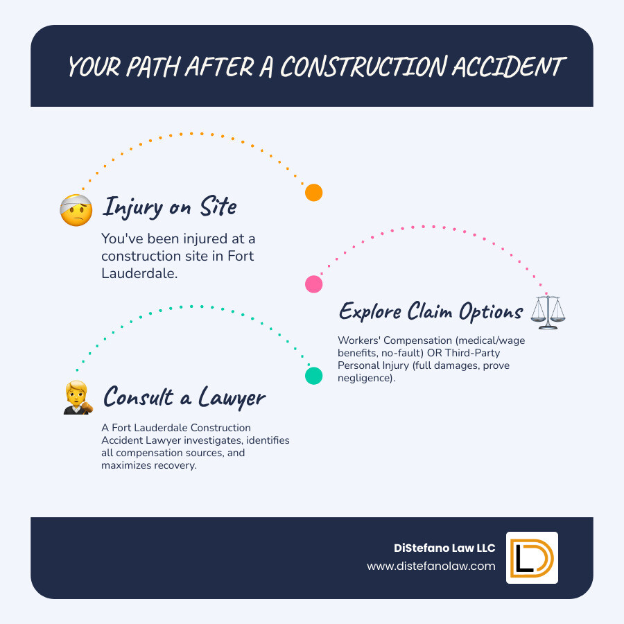 Infographic showing the path after a construction accident: 1) Injured worker on construction site 2) Two paths splitting: Workers' Compensation (covers medical bills and partial wages, no-fault system, cannot sue employer) and Third-Party Personal Injury Claim (covers full damages including pain and suffering, must prove negligence, can sue contractors/manufacturers/property owners) 3) Both paths leading to Fort Lauderdale Construction Accident Lawyer who investigates, identifies all compensation sources, and maximizes recovery - construction accident lawyer fort lauderdale infographic infographic-line-3-steps-blues-accent_colors