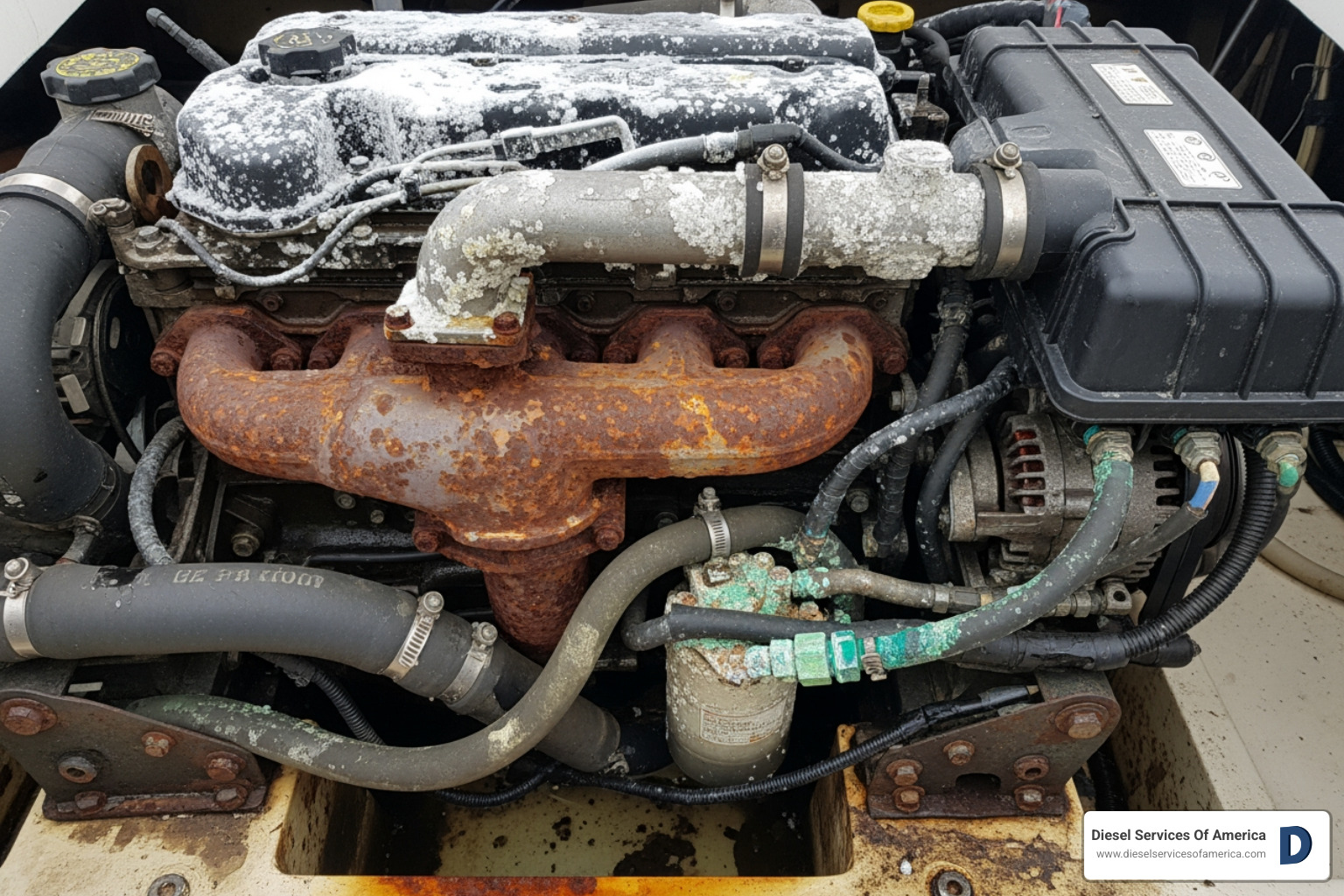 Image of a boat engine compartment showing signs of saltwater exposure and corrosion on metal components - Volvo Penta parts Fort Lauderdale Image of a boat engine compartment showing signs of saltwater exposure and corrosion on metal components - Volvo Penta parts Fort Lauderdale