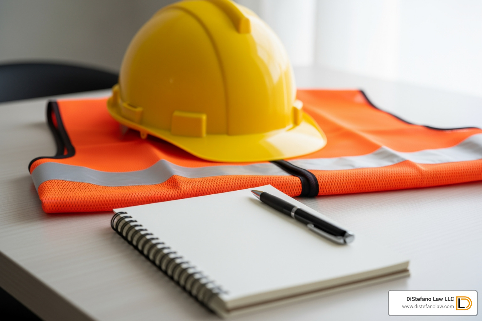 of a notepad and pen with a hard hat and safety vest nearby - construction accident lawyer fort lauderdale