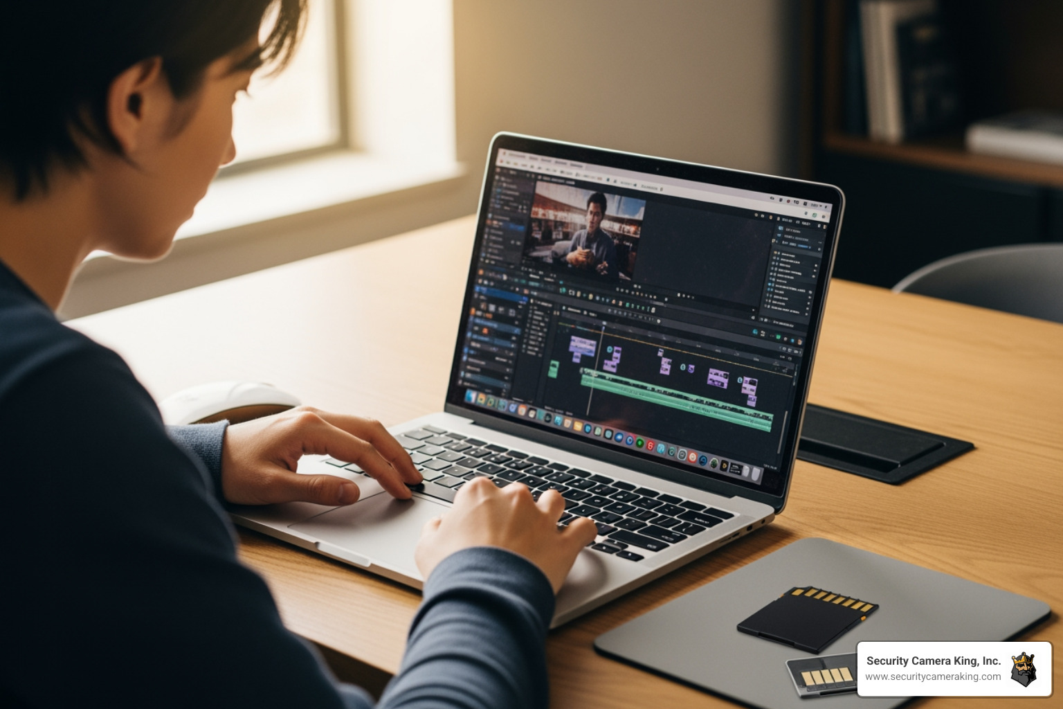 a person easily editing video on a laptop, with a small memory card on the desk - action camera full hd 1080p