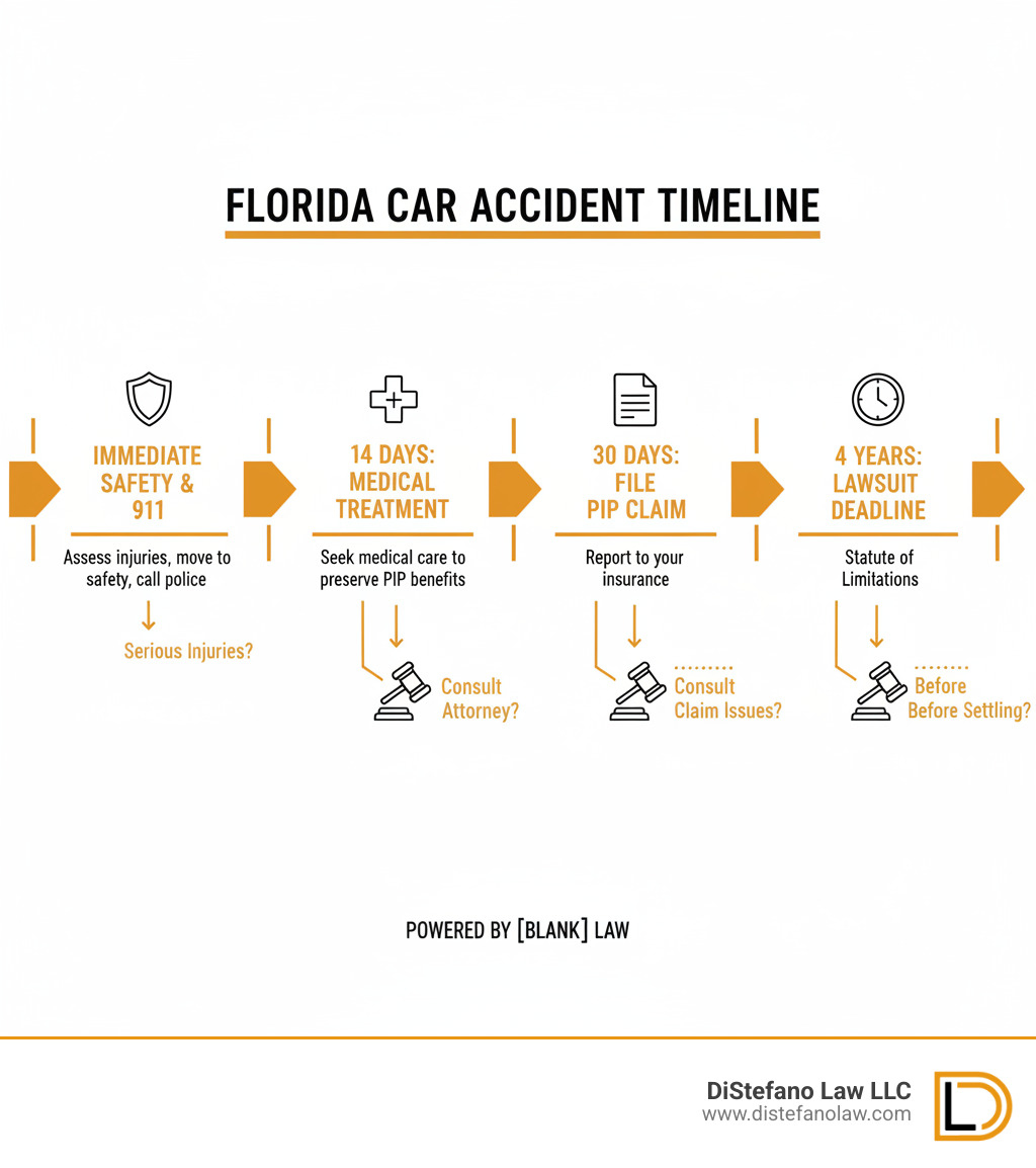 infographic showing timeline of critical actions after a Florida car accident, including immediate safety steps, the 14-day medical treatment deadline, PIP claim filing within 30 days, and the 4-year statute of limitations for lawsuits, with decision points for when to consult an attorney - car accident legal advice infographic 