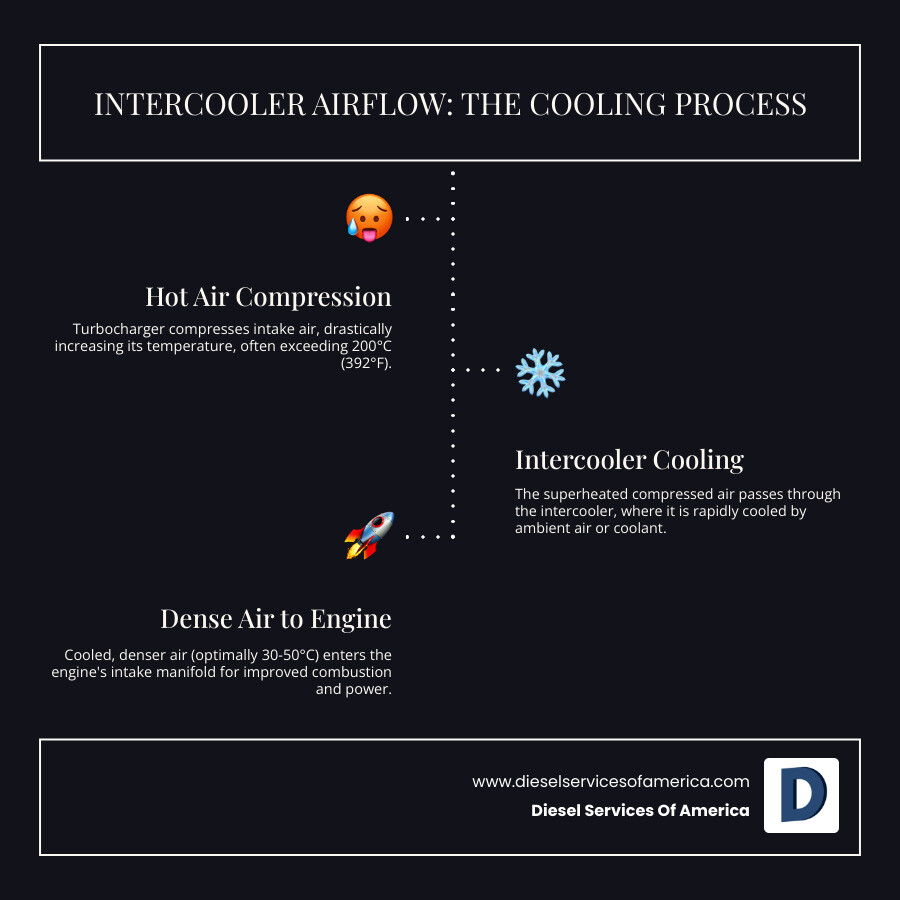 infographic showing the flow of hot compressed air from turbocharger through intercooler being cooled and then entering engine intake manifold, with temperature readings at each stage and arrows indicating air flow direction - what are intercoolers infographic infographic-line-3-steps-dark