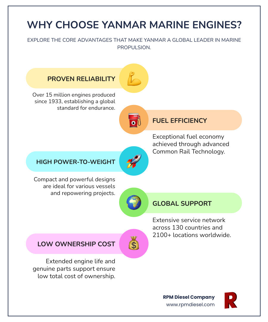 infographic showing five key benefits of Yanmar marine engines: 1) Proven Reliability with over 15 million engines produced since 1933, 2) Exceptional Fuel Efficiency through Common Rail Technology, 3) High Power-to-Weight Ratio for compact installations, 4) Global Service Network across 130 countries and 2100+ locations, 5) Low Total Cost of Ownership with extended engine life and genuine parts support - buy yanmar marine engine infographic infographic-line-5-steps-colors