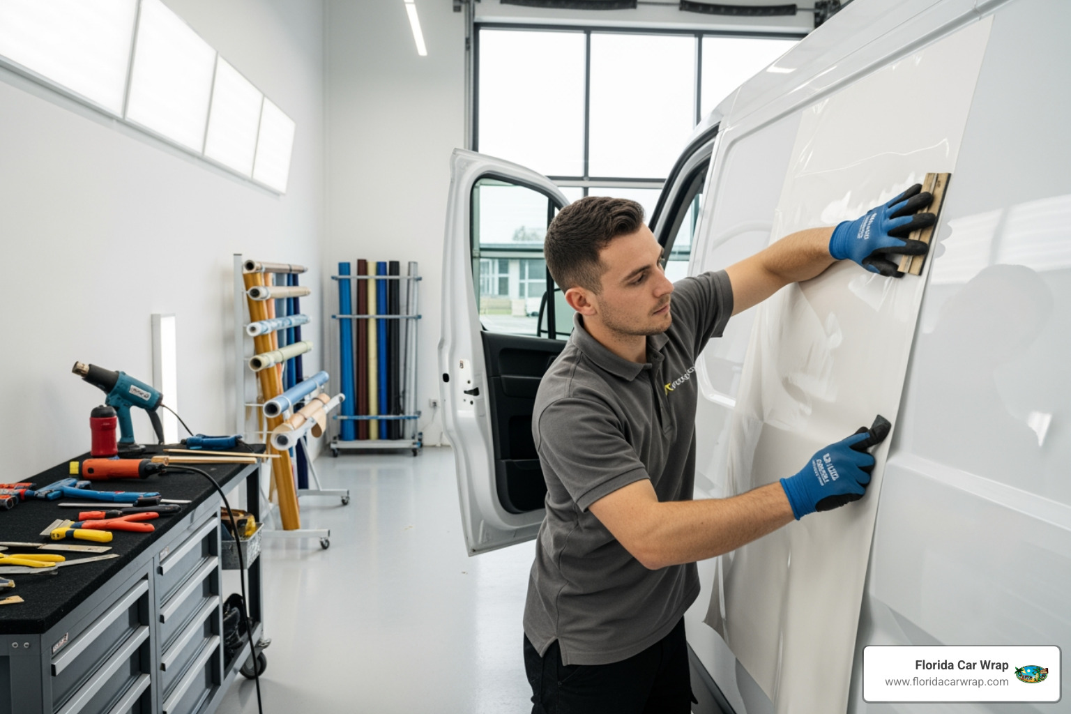 wrap installer carefully applying vinyl to a van's curved surface - fleet van wraps