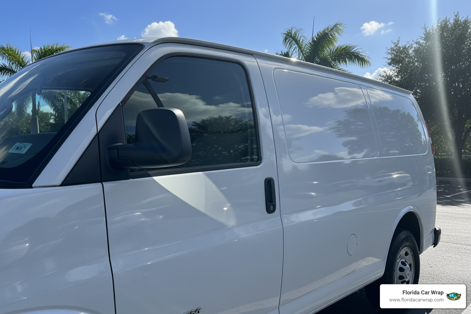 clean, shiny wrapped van reflecting the Florida sun - fleet van wraps