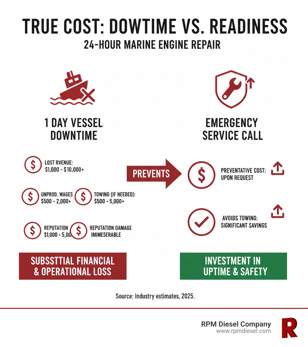 Infographic comparing the estimated cost of 1 day of vessel downtime vs. the average cost of an emergency service call - 24 hour diesel repair infographic Infographic comparing the estimated cost of 1 day of vessel downtime vs. the average cost of an emergency service call - 24 hour diesel repair infographic