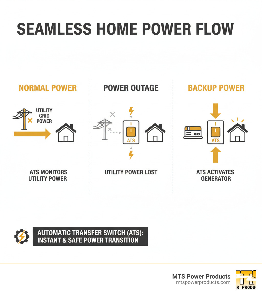 infographic explaining the flow of power from the utility grid to the home, and how an ATS switches to generator power during an outage - how to setup automatic transfer switch for generators infographic infographic explaining the flow of power from the utility grid to the home, and how an ATS switches to generator power during an outage - how to setup automatic transfer switch for generators infographic