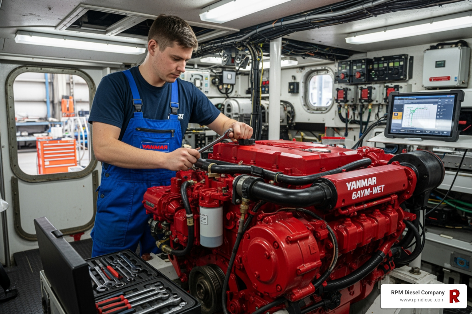 technician performing onsite service on a Yanmar engine - buy yanmar marine engine