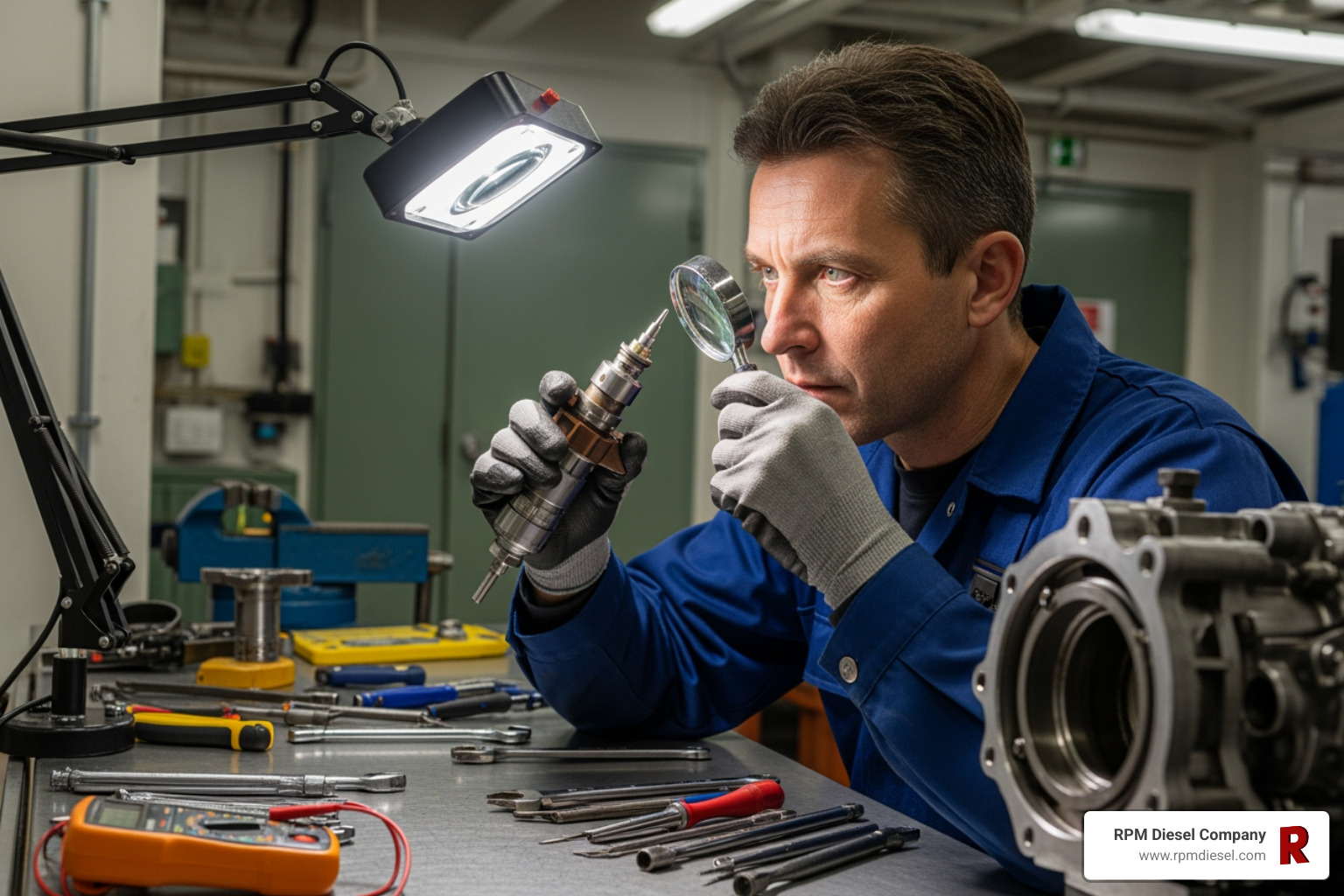 A mechanic inspecting a marine diesel fuel injector - 24 hour diesel repair A mechanic inspecting a marine diesel fuel injector - 24 hour diesel repair