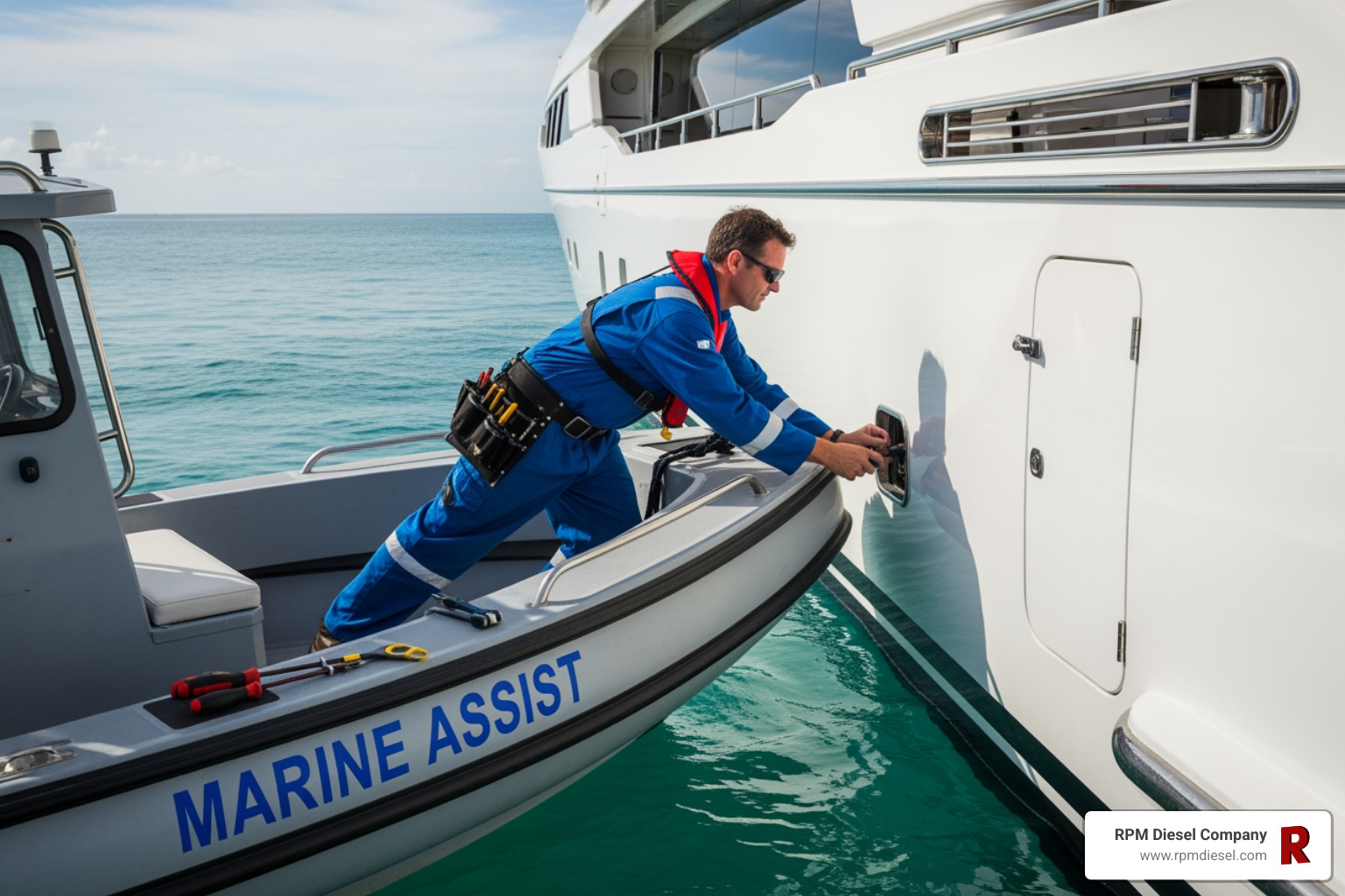 A service boat alongside a yacht for on-site repair - 24 hour diesel repair A service boat alongside a yacht for on-site repair - 24 hour diesel repair