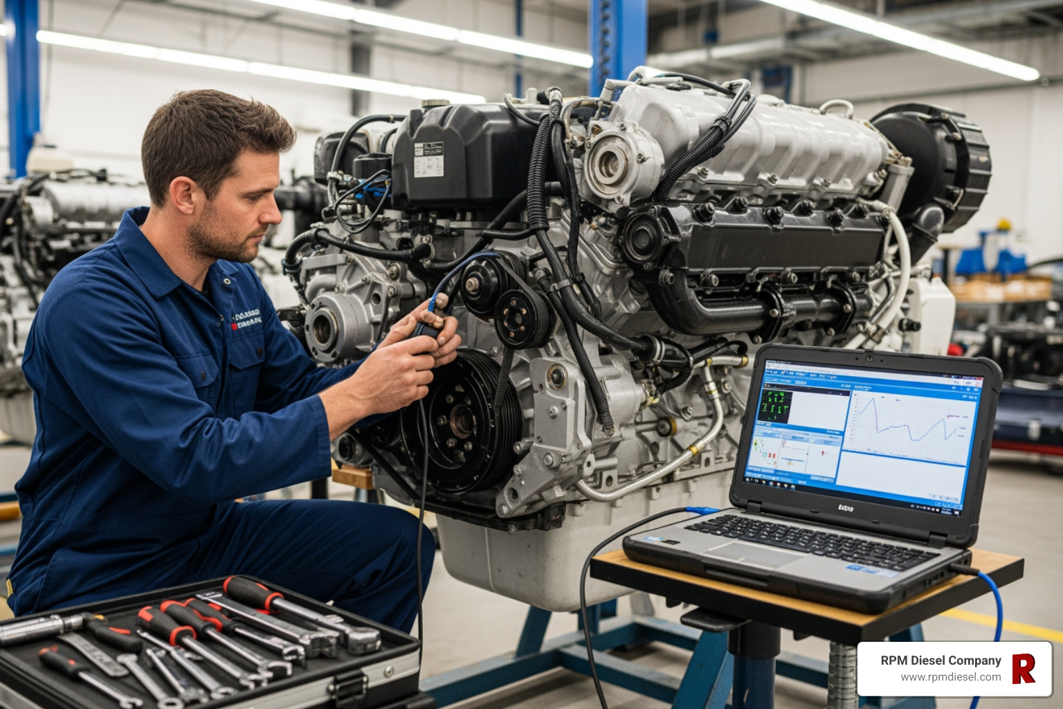 A certified technician working with advanced diagnostic equipment - 24 hour diesel repair A certified technician working with advanced diagnostic equipment - 24 hour diesel repair
