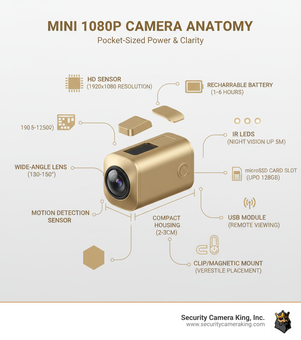 Infographic showing the anatomy of a mini 1080p camera with labeled components: HD sensor for 1920x1080 resolution, compact housing typically 2-3cm, microSD card slot for local storage up to 128GB, rechargeable battery lasting 1-6 hours, IR LEDs for night vision up to 5 meters, motion detection sensor, wide-angle lens 130-150 degrees, WiFi module for remote viewing, USB charging port, and clip or magnetic mount for versatile placement - mini camera full hd 1080p infographic 