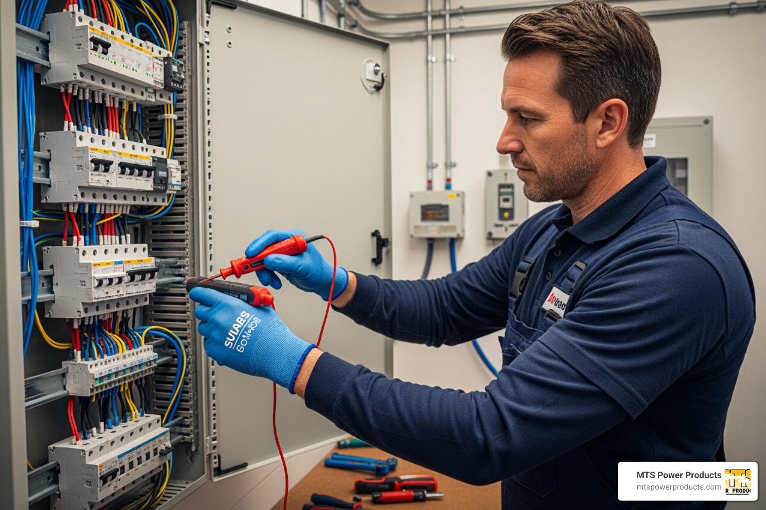 electrician wearing safety gloves and using a voltage tester on a circuit breaker panel - how to setup automatic transfer switch for generators electrician wearing safety gloves and using a voltage tester on a circuit breaker panel - how to setup automatic transfer switch for generators