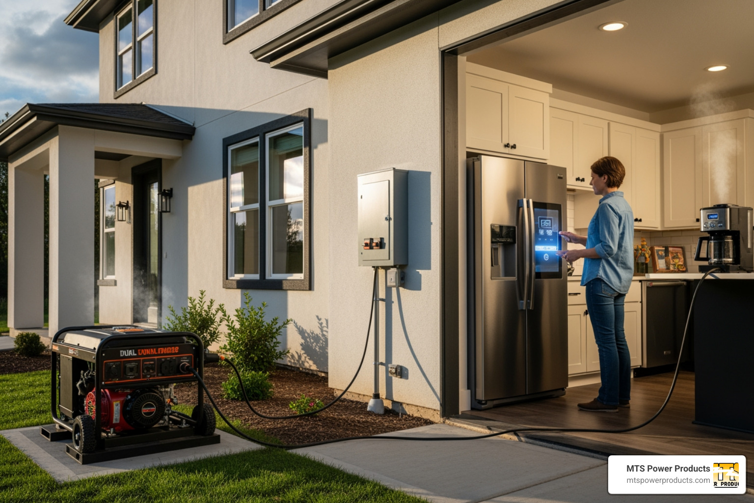 generator running outside while a person checks powered appliances inside the home - how to setup automatic transfer switch for generators generator running outside while a person checks powered appliances inside the home - how to setup automatic transfer switch for generators