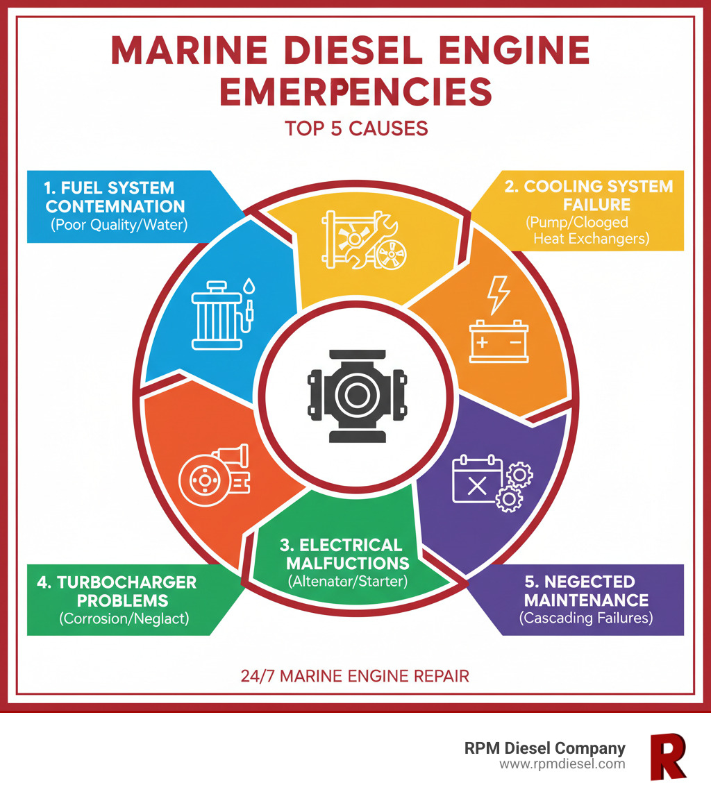 Infographic showing the top causes of marine diesel engine emergencies: 1. Fuel system contamination from poor quality or water-contaminated fuel, 2. Cooling system failure due to raw water pump issues or clogged heat exchangers, 3. Electrical system malfunctions including alternator and starter failures, 4. Turbocharger problems from saltwater corrosion or lack of maintenance, 5. Neglected preventive maintenance leading to cascading failures - 24 hour diesel repair infographic Infographic showing the top causes of marine diesel engine emergencies: 1. Fuel system contamination from poor quality or water-contaminated fuel, 2. Cooling system failure due to raw water pump issues or clogged heat exchangers, 3. Electrical system malfunctions including alternator and starter failures, 4. Turbocharger problems from saltwater corrosion or lack of maintenance, 5. Neglected preventive maintenance leading to cascading failures - 24 hour diesel repair infographic