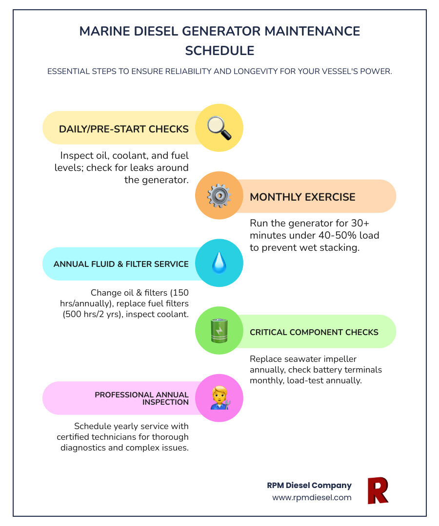 Marine Diesel Generator Maintenance Schedule showing daily checks, monthly exercise requirements, and annual service intervals including oil changes, filter replacements, seawater impeller changes, and professional inspections - diesel generator maintenance tips infographic infographic-line-5-steps-colors