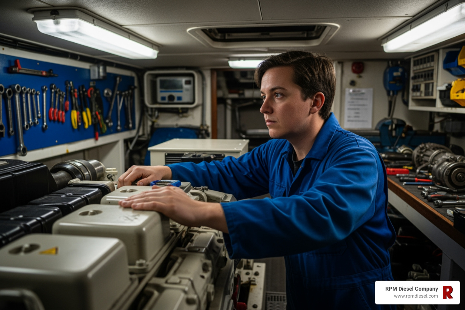 technician performing a daily visual inspection in a boat's engine room - diesel generator maintenance tips