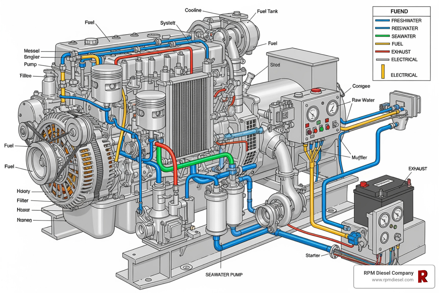 diagram of a marine diesel generator with key components labeled - diesel generator maintenance tips