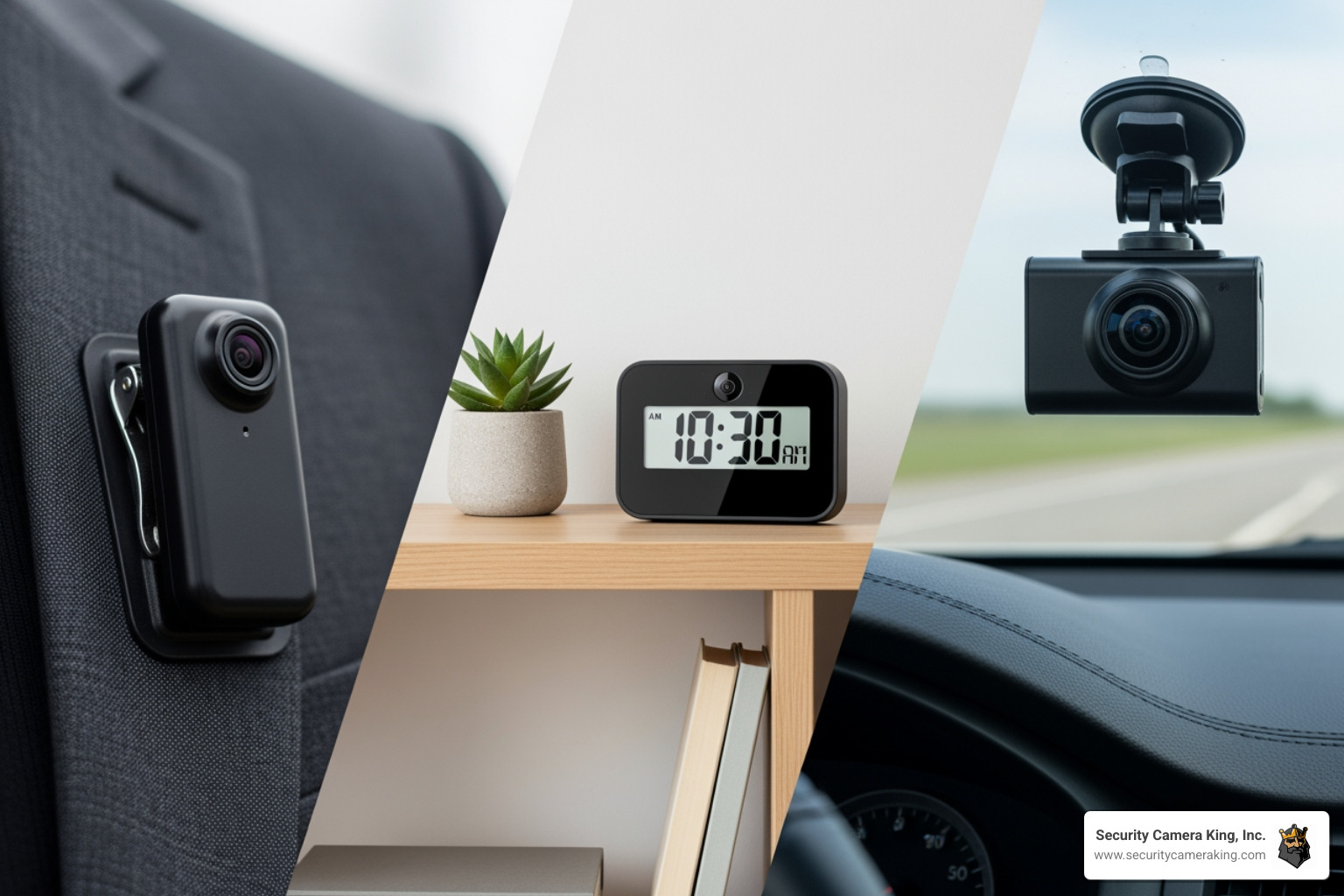 collage showing different types of mini cameras in their typical environments (body cam on a jacket, clock camera on a shelf, dash cam in a car) - mini camera full hd 1080p