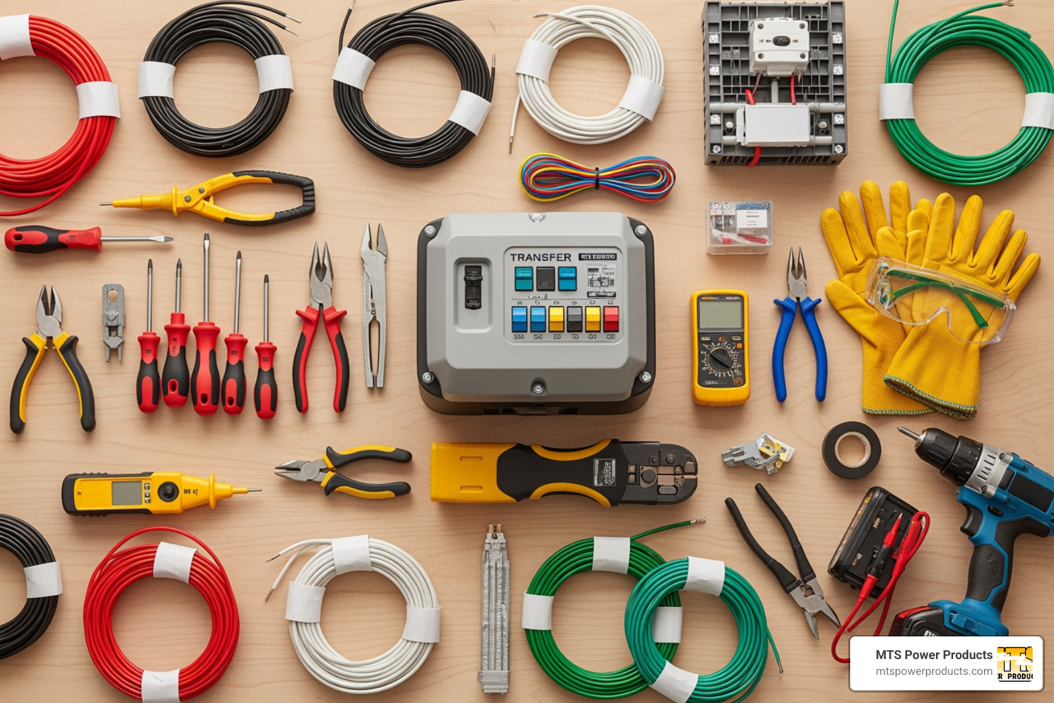 Tools and materials needed for generator transfer switch installation laid out neatly, including screwdrivers, wire strippers, pliers, drill, voltage tester, safety gloves, safety glasses, the transfer switch unit, and various gauges of electrical wiring - changeover switch for generator
