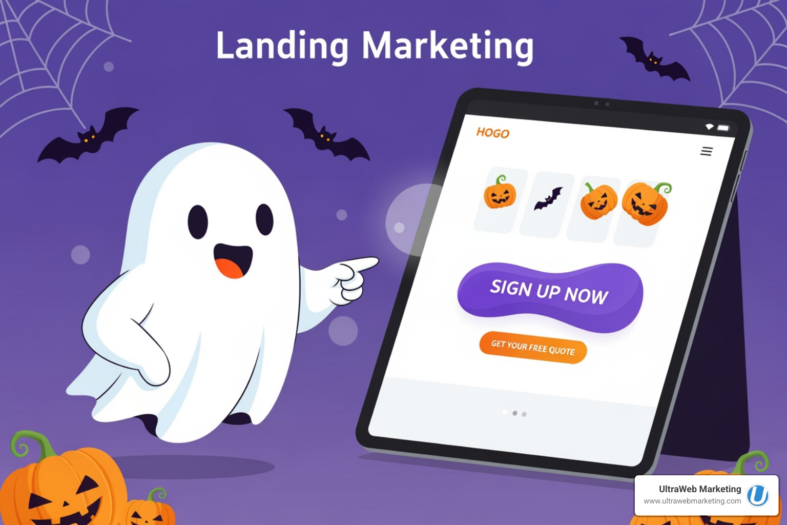 A friendly ghost pointing to a modern, mobile-responsive website on a tablet, with a clear call to action button, representing an optimized landing page - Google Ads campaign setup A friendly ghost pointing to a modern, mobile-responsive website on a tablet, with a clear call to action button, representing an optimized landing page - Google Ads campaign setup