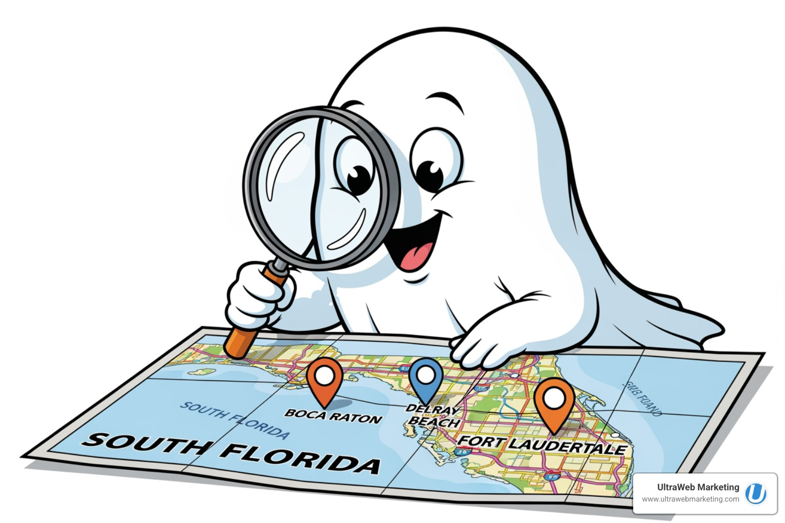 A friendly ghost with a magnifying glass, looking at a map of South Florida with pins on Boca Raton, Delray Beach, and Fort Lauderdale, representing target audience research - Google Ads campaign setup A friendly ghost with a magnifying glass, looking at a map of South Florida with pins on Boca Raton, Delray Beach, and Fort Lauderdale, representing target audience research - Google Ads campaign setup