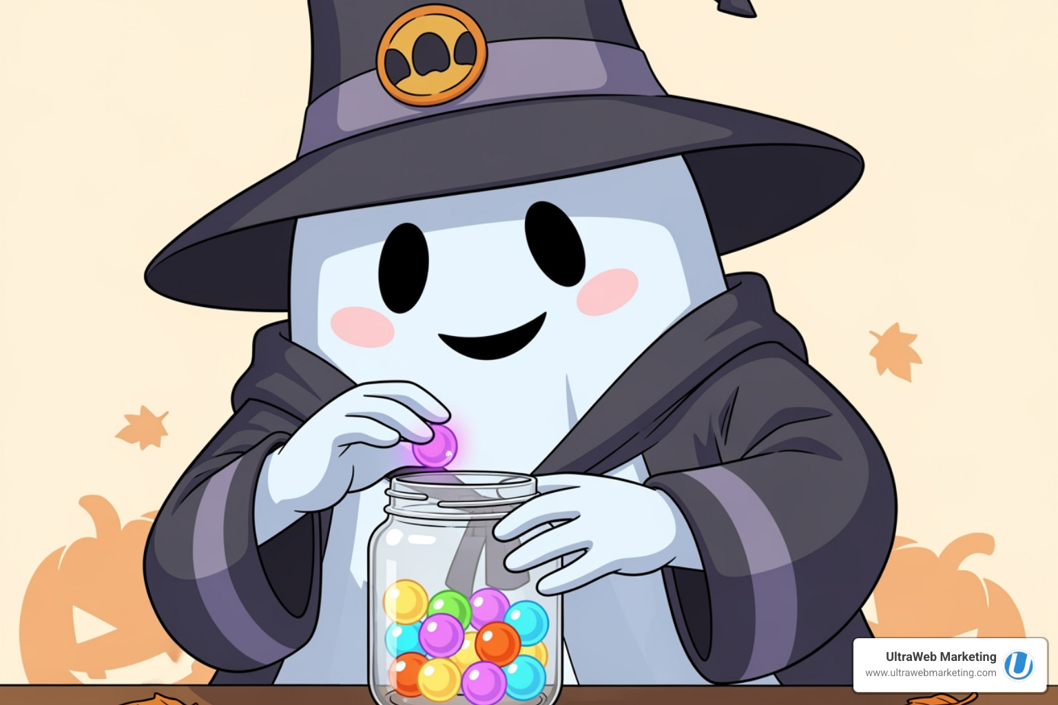 A Halloween-themed graphic showing a ghost counting small glowing orbs into a jar, symbolizing conversion tracking and measuring results - Google Ads campaign setup A Halloween-themed graphic showing a ghost counting small glowing orbs into a jar, symbolizing conversion tracking and measuring results - Google Ads campaign setup