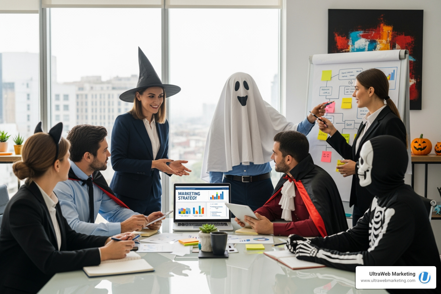 A team of people in Halloween costumes (friendly witches, vampires, and ghosts) collaborating around a table with a laptop, brainstorming marketing strategies. - fort lauderdale advertising agencies A team of people in Halloween costumes (friendly witches, vampires, and ghosts) collaborating around a table with a laptop, brainstorming marketing strategies. - fort lauderdale advertising agencies