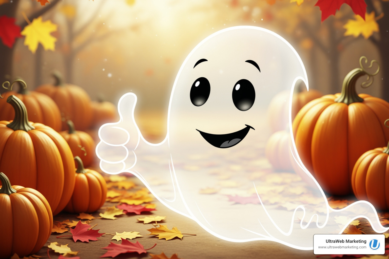 A friendly ghost giving a thumbs up, with pumpkins and fall leaves around, symbolizing a positive and non-scary approach to finding a marketing partner. - fort lauderdale advertising agencies A friendly ghost giving a thumbs up, with pumpkins and fall leaves around, symbolizing a positive and non-scary approach to finding a marketing partner. - fort lauderdale advertising agencies