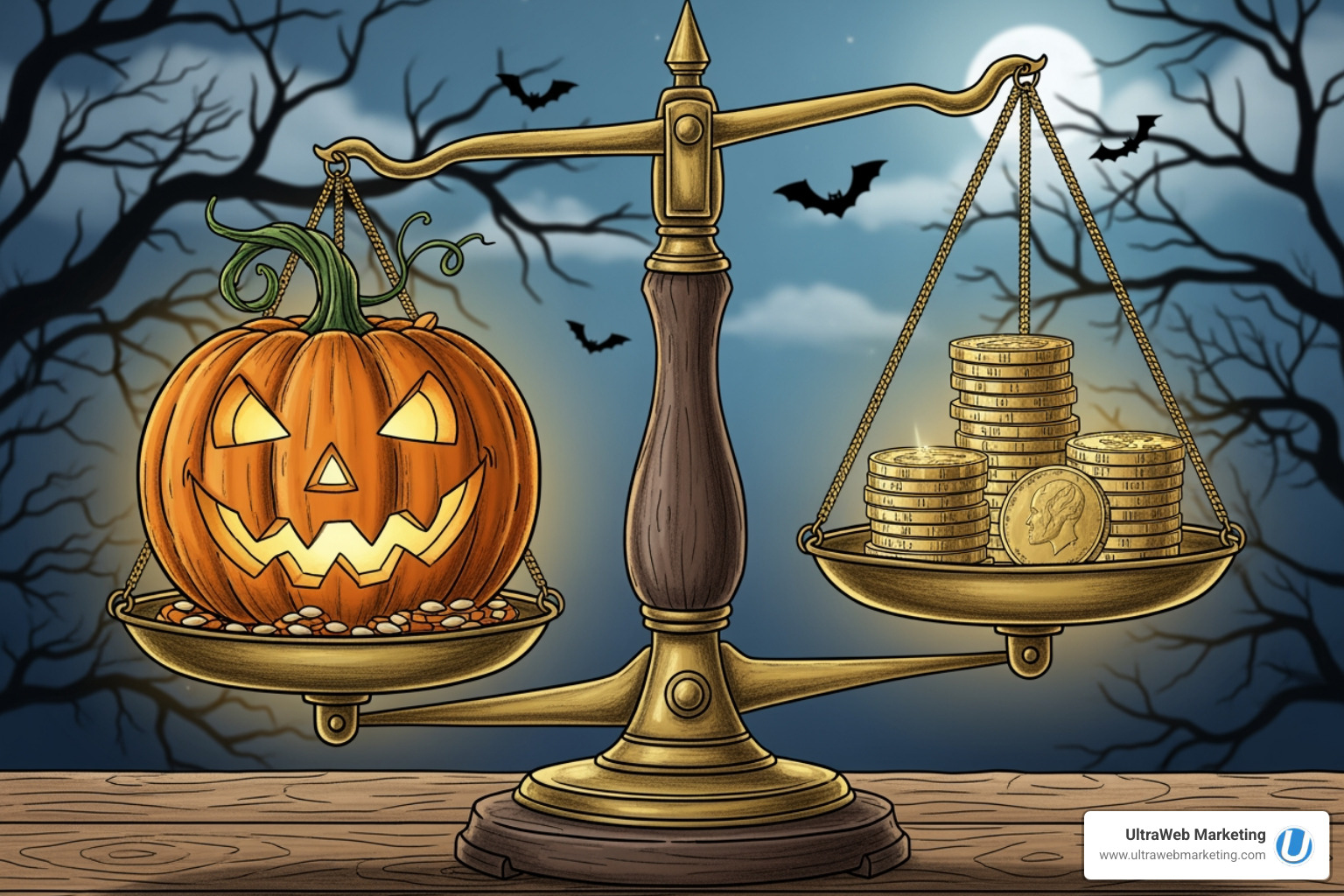 A Halloween-themed graphic showing a pumpkin balancing coins on a scale, representing budget allocation and bidding strategies - Google Ads campaign setup A Halloween-themed graphic showing a pumpkin balancing coins on a scale, representing budget allocation and bidding strategies - Google Ads campaign setup