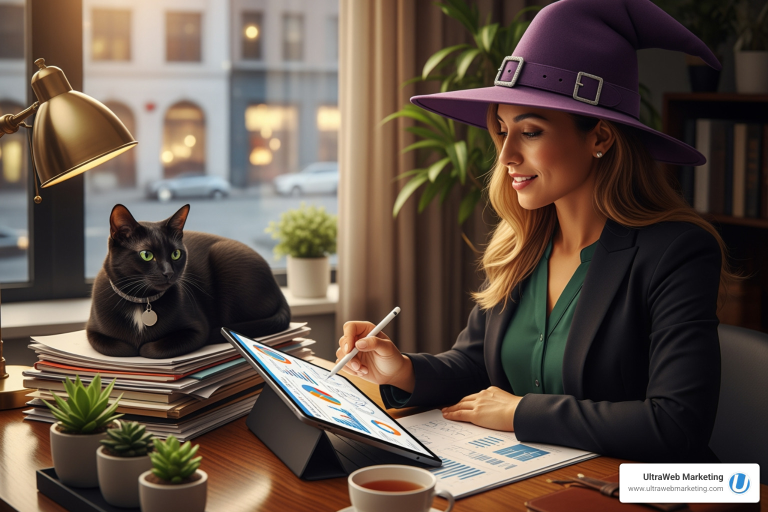 A business owner in a friendly witch hat reviewing a marketing proposal with a tablet, while a friendly black cat sits nearby, representing a thoughtful and strategic approach to choosing a partner. - fort lauderdale advertising agencies A business owner in a friendly witch hat reviewing a marketing proposal with a tablet, while a friendly black cat sits nearby, representing a thoughtful and strategic approach to choosing a partner. - fort lauderdale advertising agencies