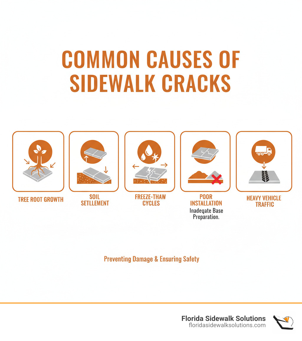 infographic showing common causes of sidewalk cracks including tree root growth pushing up concrete from below, soil settlement causing slabs to sink unevenly, freeze-thaw cycles where water expands in cracks, poor installation with inadequate base preparation, and heavy vehicle traffic causing stress fractures - fix cracked sidewalk infographic infographic showing common causes of sidewalk cracks including tree root growth pushing up concrete from below, soil settlement causing slabs to sink unevenly, freeze-thaw cycles where water expands in cracks, poor installation with inadequate base preparation, and heavy vehicle traffic causing stress fractures - fix cracked sidewalk infographic