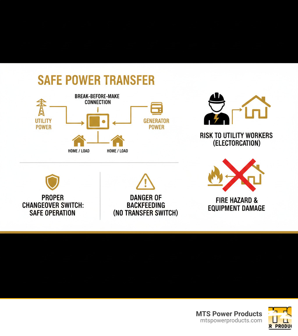 Infographic showing how a changeover switch creates a break-before-make connection between utility power and generator power, with clear labels indicating the utility input, generator input, and load output, plus warning symbols showing the dangers of backfeeding without a proper transfer switch including risk to utility workers and potential fire hazards - changeover switch for generator infographic 