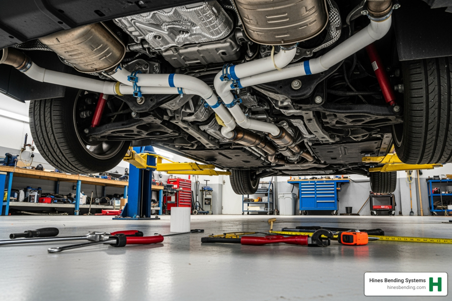a PVC mockup of an exhaust system under a car - custom exhaust pipe fabrication