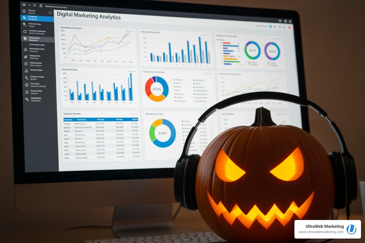 A spooky but friendly-looking pumpkin with glowing eyes, wearing headphones and looking at a marketing analytics dashboard filled with charts and graphs, representing data-driven decisions. - fort lauderdale advertising agencies A spooky but friendly-looking pumpkin with glowing eyes, wearing headphones and looking at a marketing analytics dashboard filled with charts and graphs, representing data-driven decisions. - fort lauderdale advertising agencies