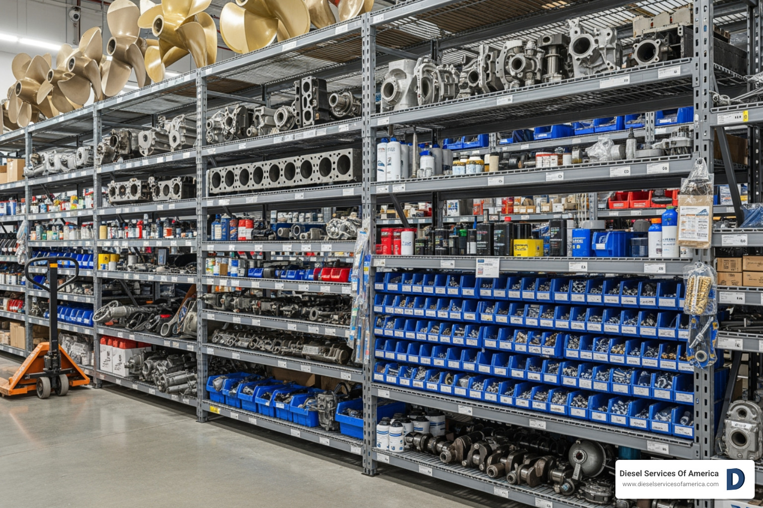 Image of a clean and organized marine parts department with shelves stocked with various engine components - Volvo Penta parts Fort Lauderdale Image of a clean and organized marine parts department with shelves stocked with various engine components - Volvo Penta parts Fort Lauderdale