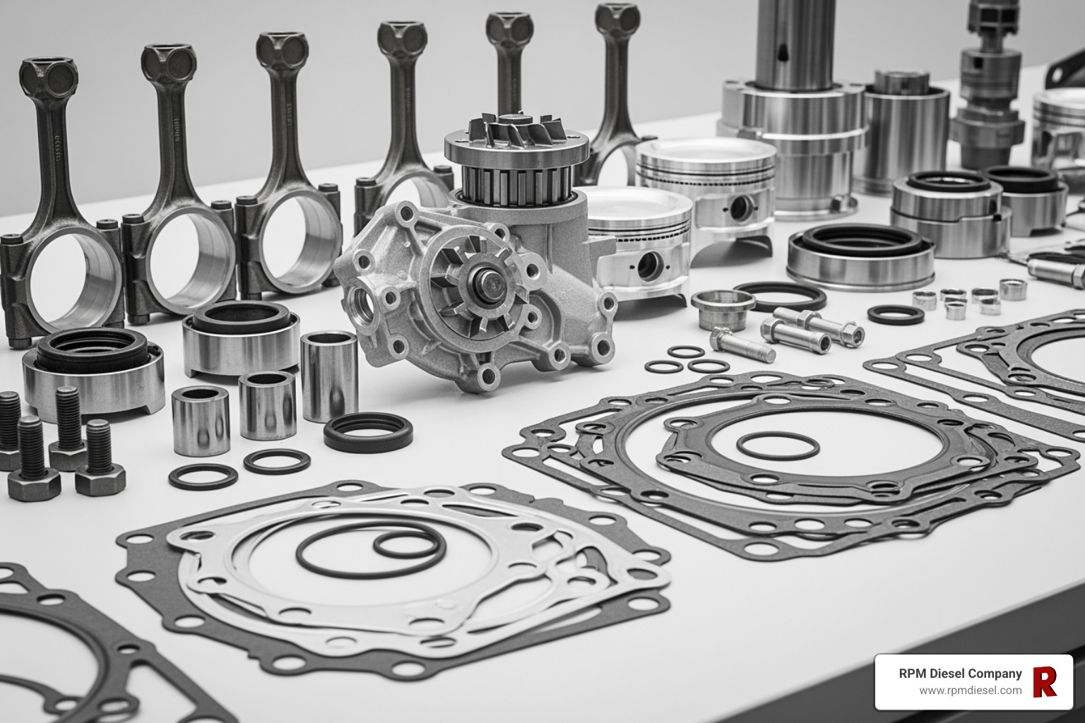 various aftermarket Detroit Diesel parts laid out, such as gaskets, pistons, and a water pump - detroit diesel aftermarket parts