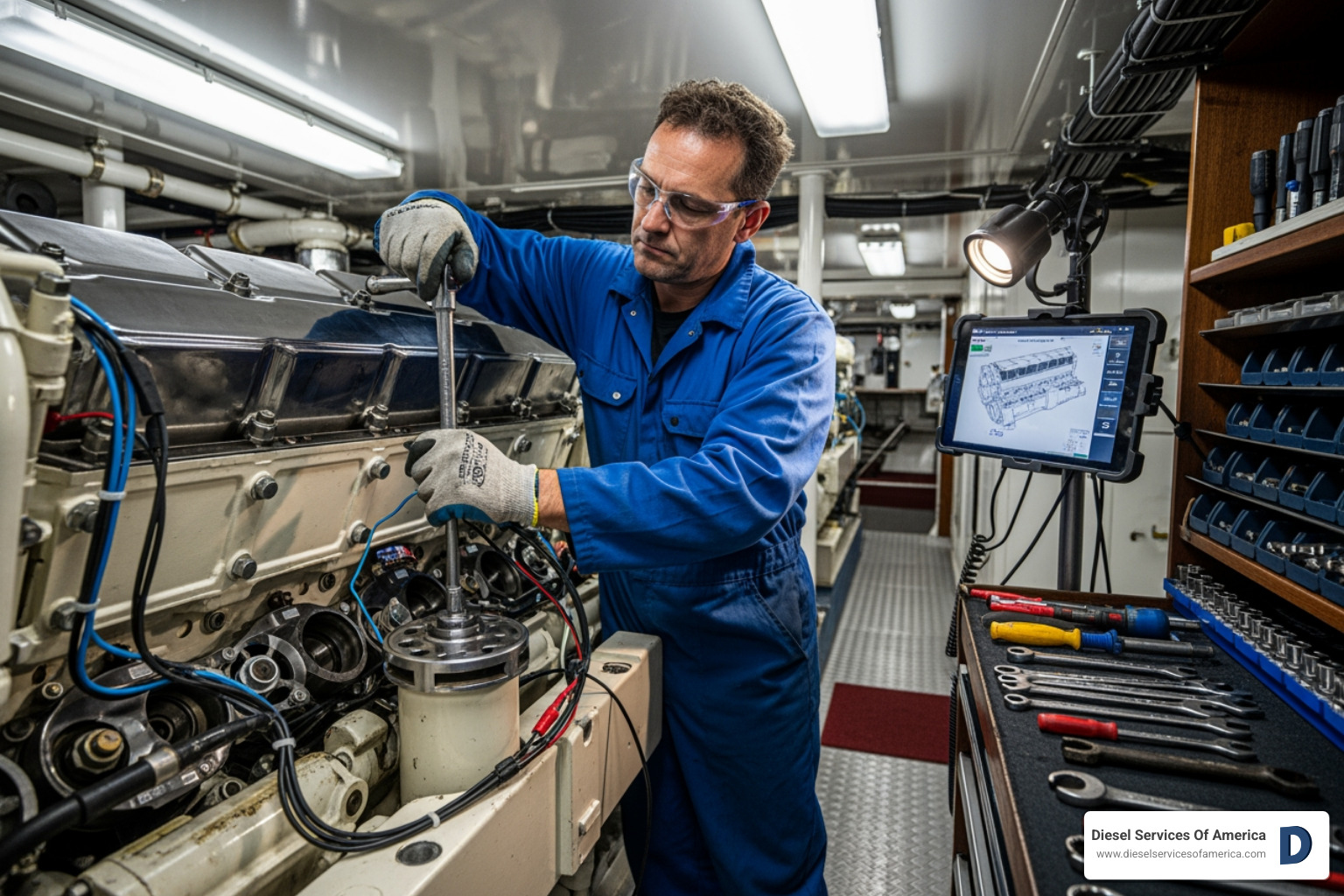 technician working on a marine diesel engine - Diesel engine optimization services
